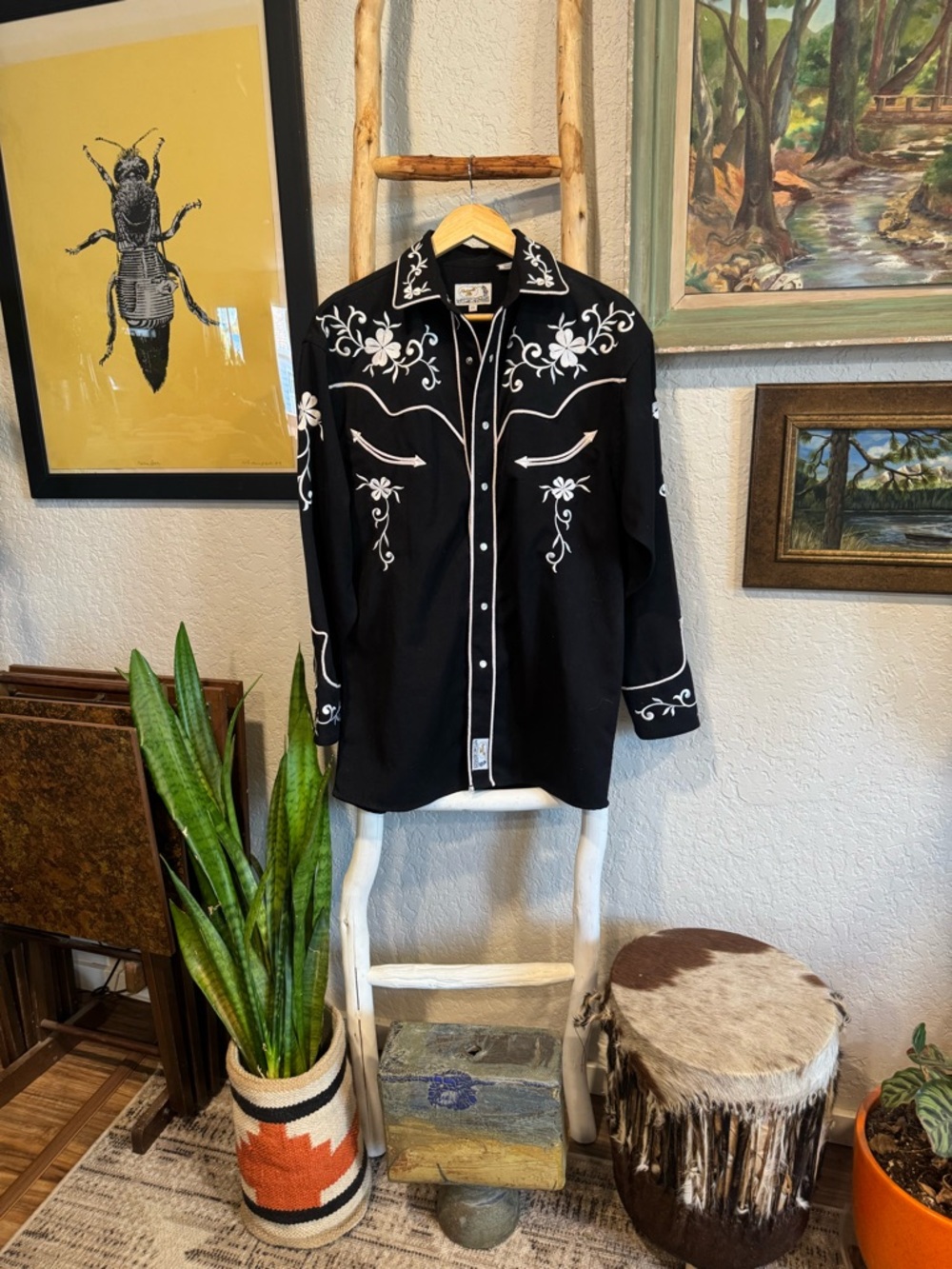 Panhandle Slim Black Western Shirt with White Floral Embroidery